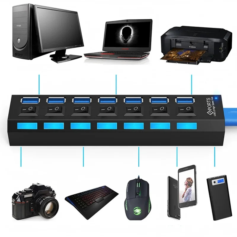 7 Ports USB 2.0 Hub LED 5Gbps  - Usb Hub 7 Port recension och pris